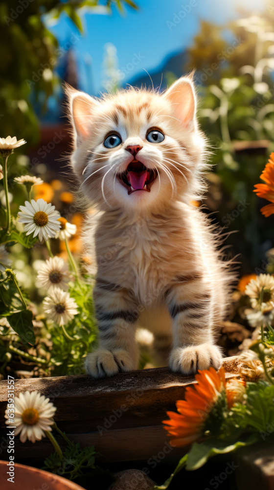 Kitten with its mouth open standing in field of flowers.