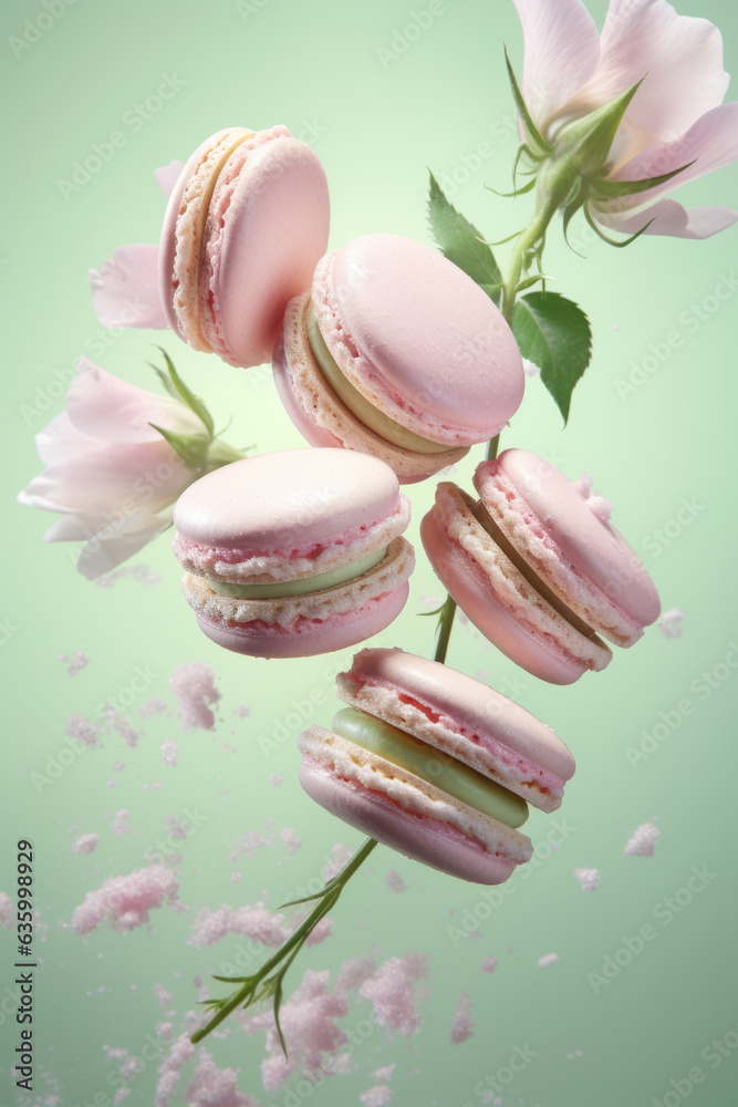 levitating flying macaroons with pink roses composition