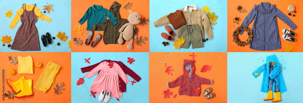 Collection of stylish baby clothes and accessories on color background, top view