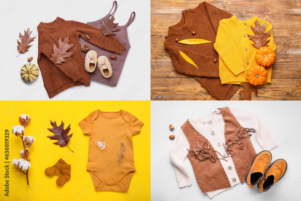 Set of stylish baby clothes and accessories, top view