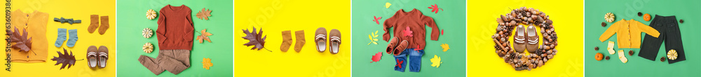 Set of stylish baby clothes and accessories on color background, top view