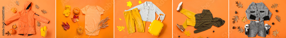 Set of stylish baby clothes and accessories on orange background, top view