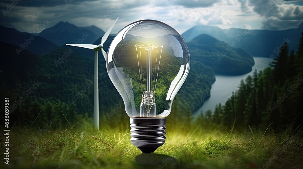 light bulb with green grass with wind power plant in the mountains