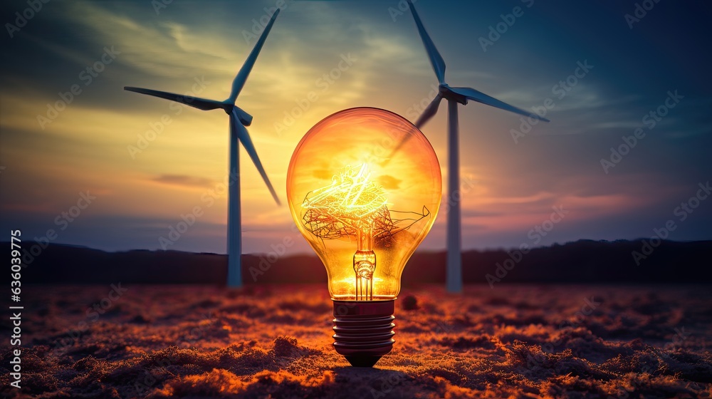 light bulb in the sun with wind power plant, in the desert