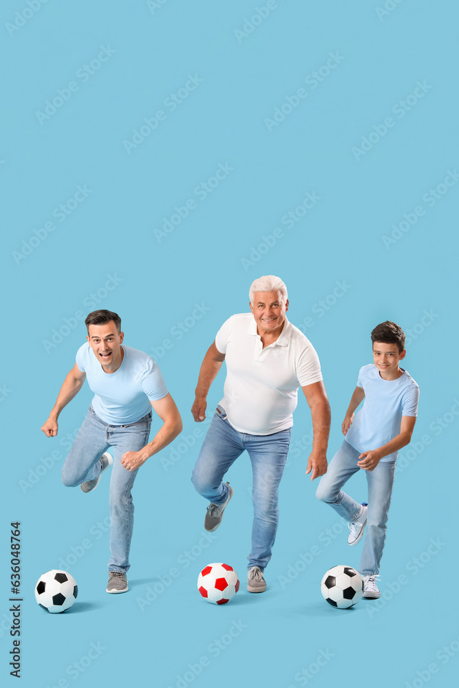 Little boy with his dad and grandfather playing football on blue background