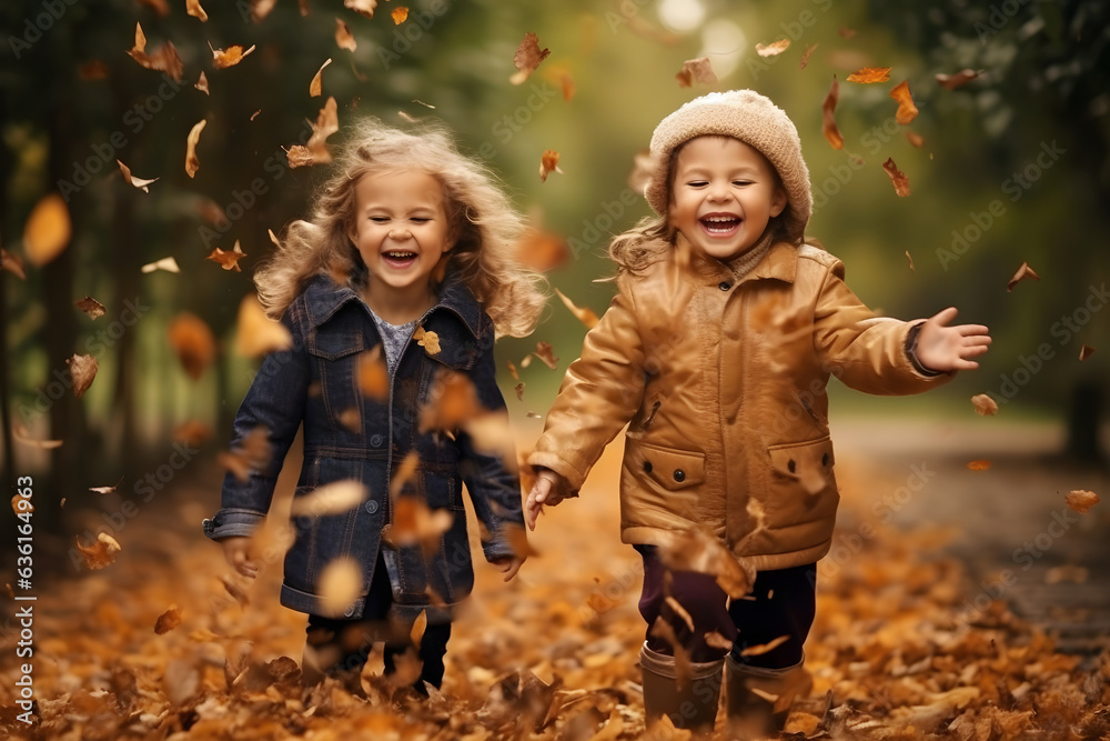 Children happily enjoying playing among the falling autumn leaves in nature