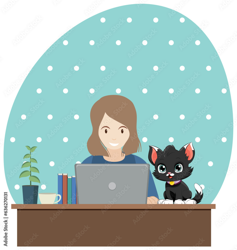 Woman working at the table with a cat