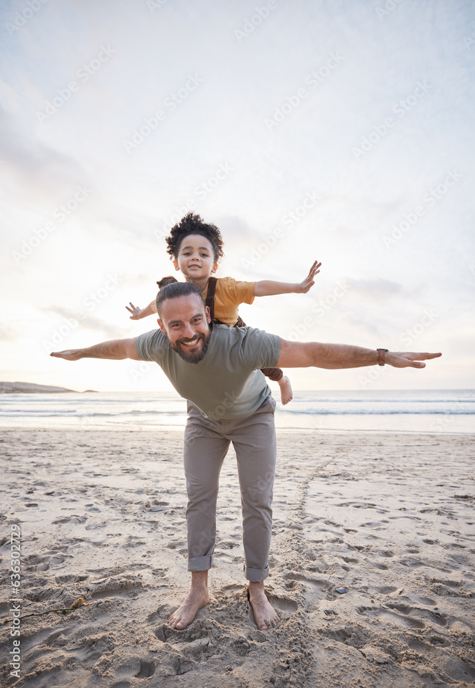 Beach, airplane and portrait of father with girl child in nature playing, games or bond on vacation 