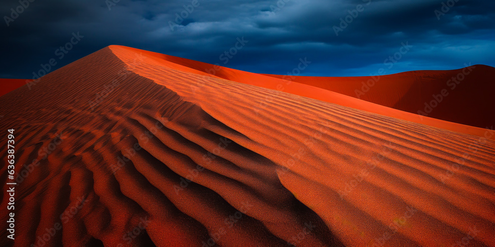 Intriguing view of a crimson desert with captivating undulating dunes under a dramatic sky. Striking