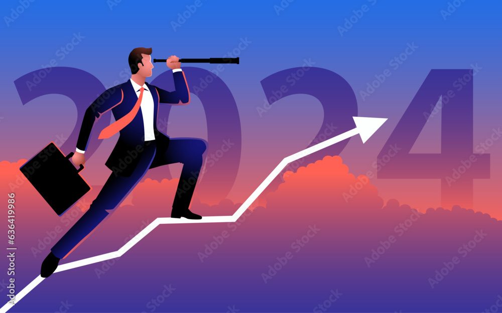 Businessman using telescope on a graph chart, with the bold text 2024 as the backdrop. An  image ref
