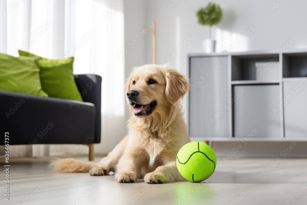 A dog is playing with a green ball in a living room