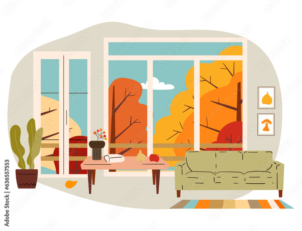 illustration of a house with a window with autumn trees