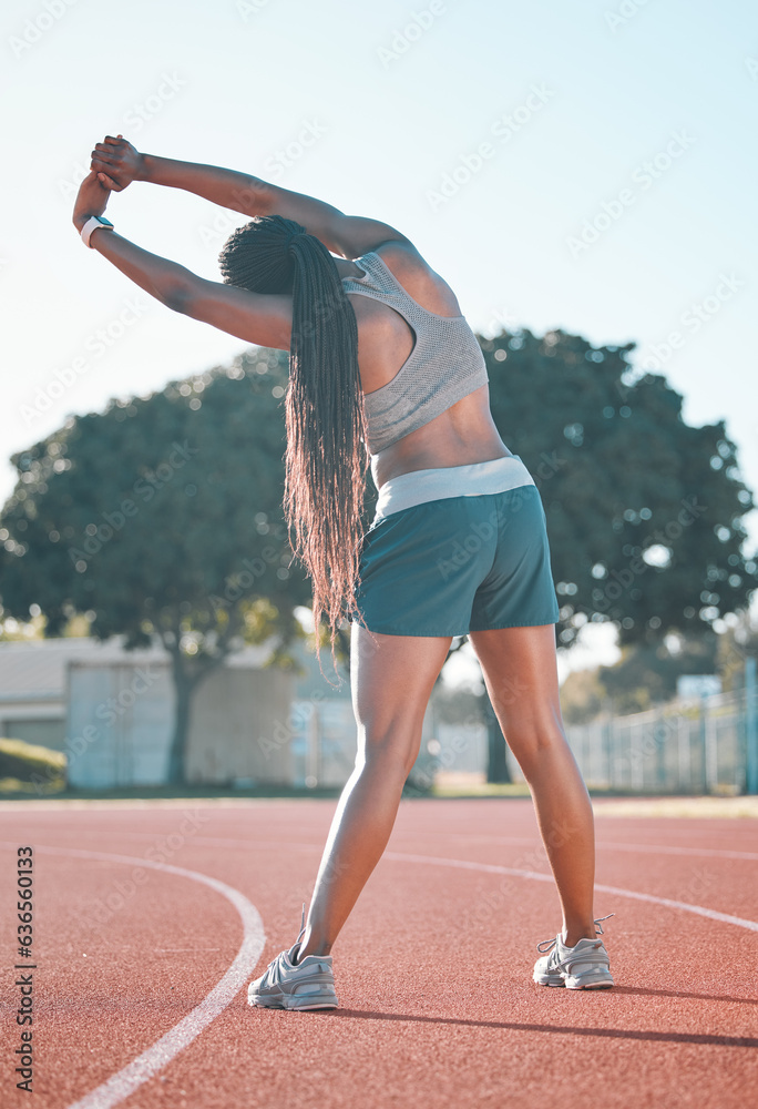 Exercise, stretching and sports woman outdoor at a stadium for workout, training and warm up. Back o