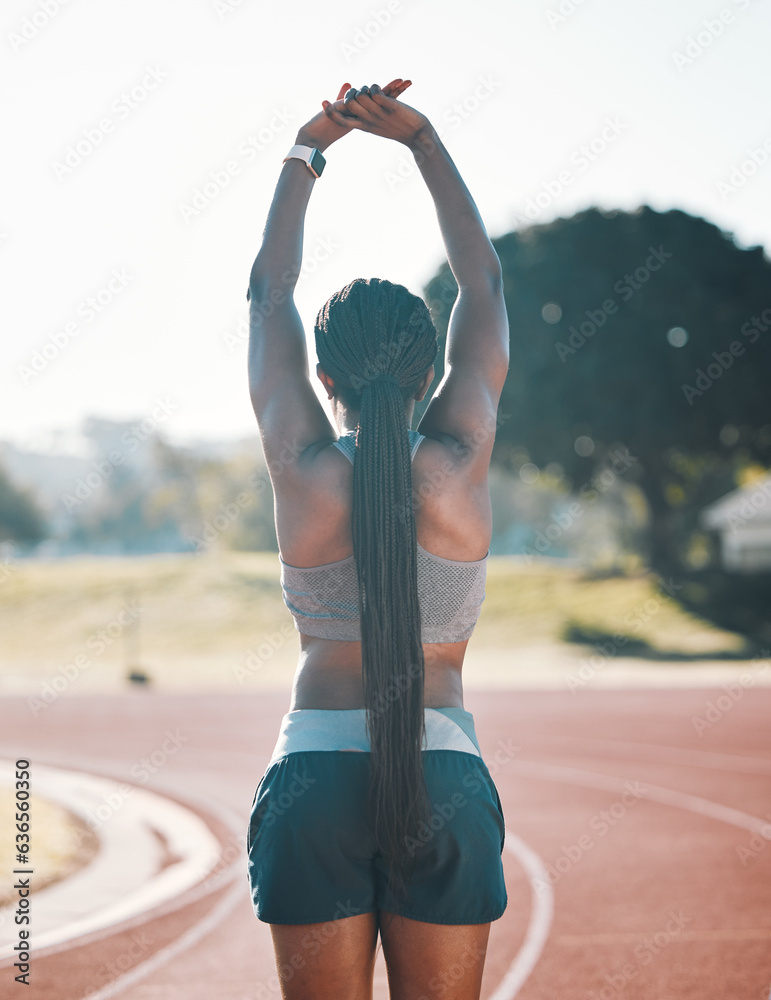 Sports, stretching and exercise with a woman outdoor on a track for running, training or workout. Be
