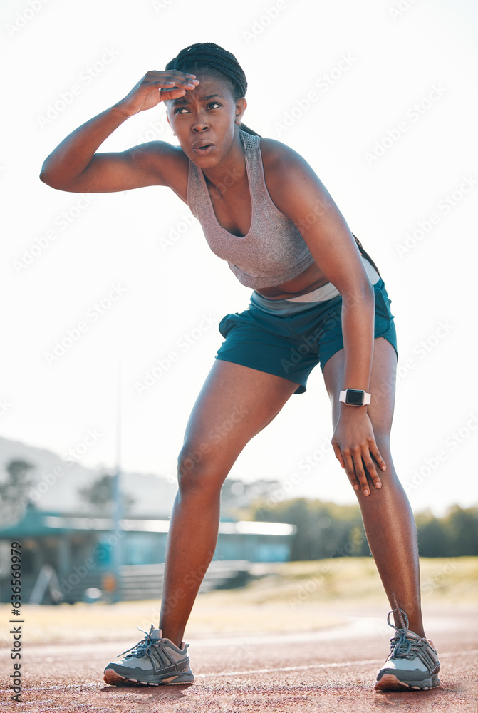 Sweating, tired and black woman at stadium for a race, training or breathing after cardio. Sports, w