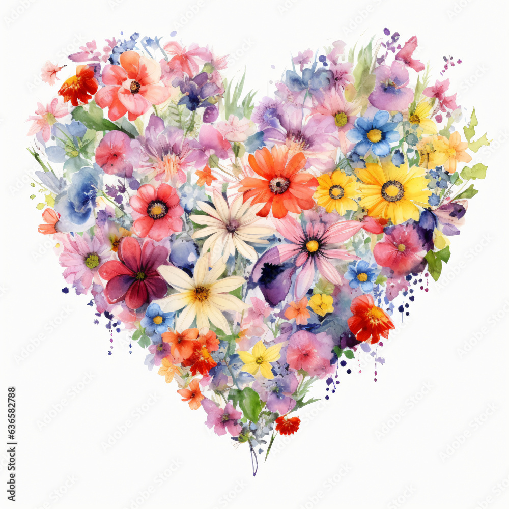 Abstract watercolor painting heart of flowers isolated on white background