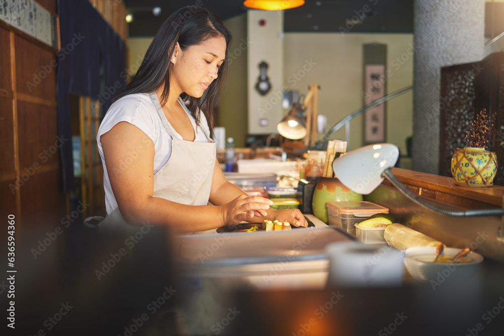 Chinese food, cooking and an asian woman in a sushi restaurant to serve a traditional meal for nutri