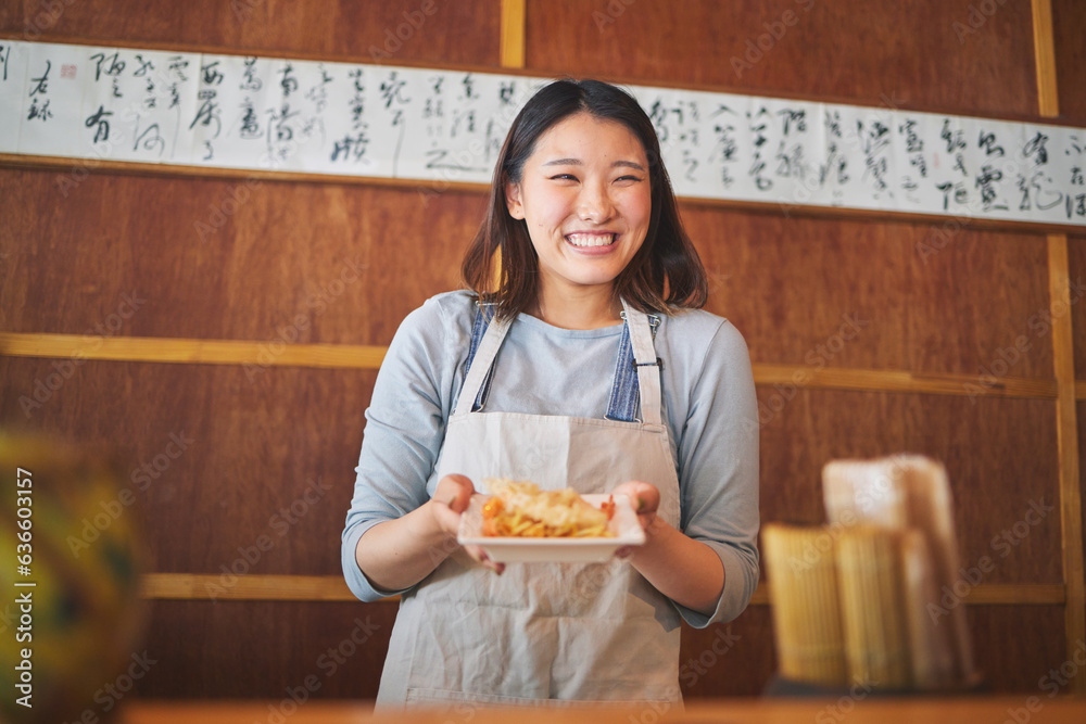 Chinese food, waitress and an asian woman in a sushi kitchen to serve a traditional meal for nutriti