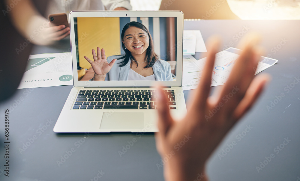 Laptop screen, video call or happy business people wave hello in office communication, virtual meeti
