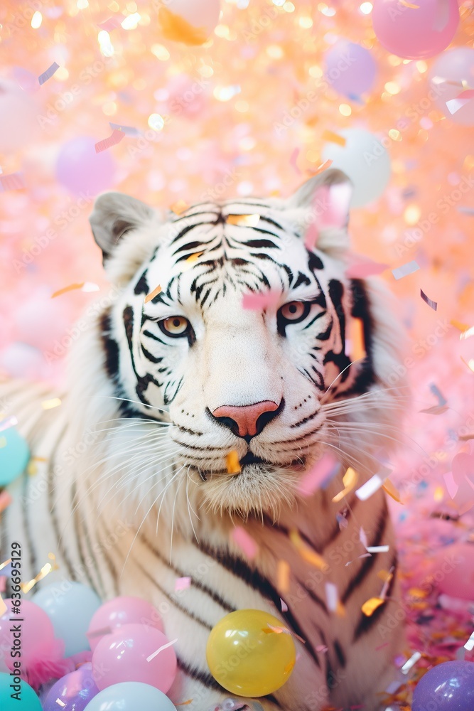 A happy white tiger stands amidst a flurry of festive confetti, celebrating and bringing joy to the 