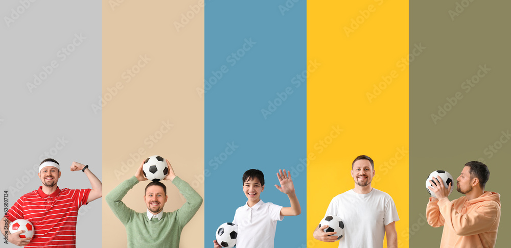 Collage of little boy and man with soccer balls on color background