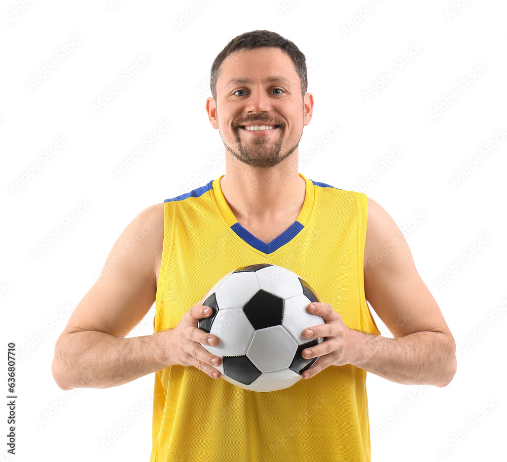 Male football player with soccer ball isolated on white