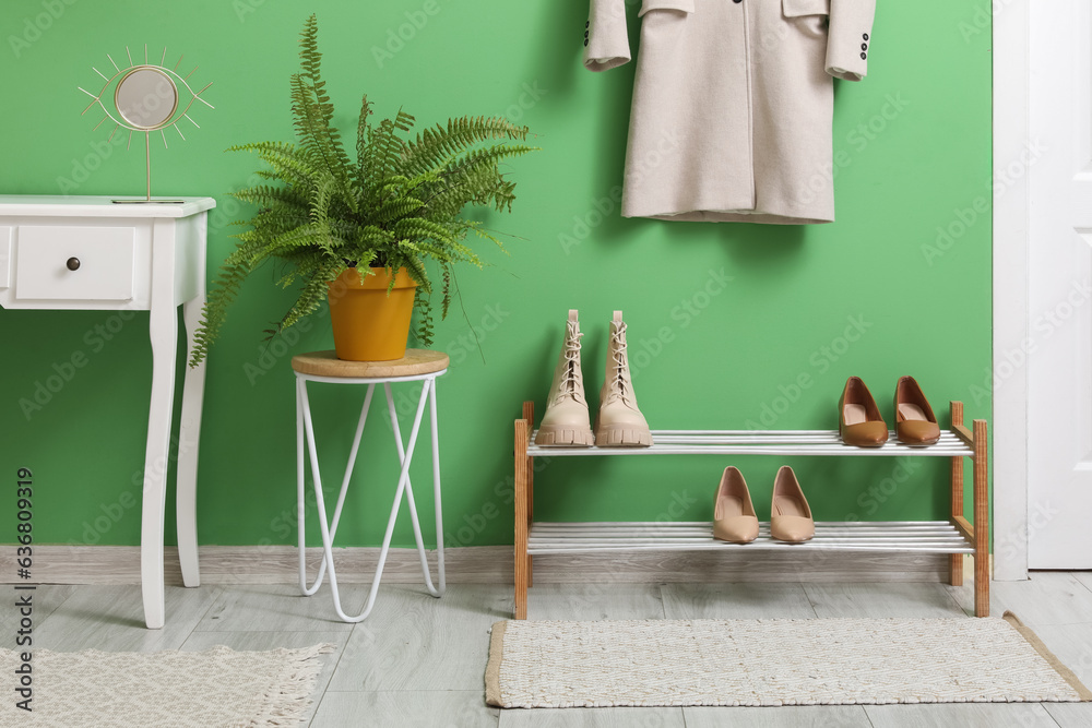 Interior of modern hallway with shoes stand, houseplant and coat
