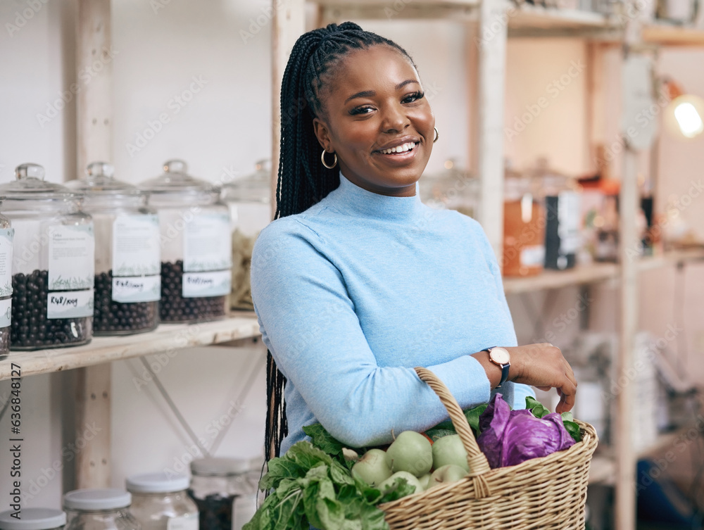Black woman, portrait and shopping basket with vegetables, healthy food and diet produce in local gr