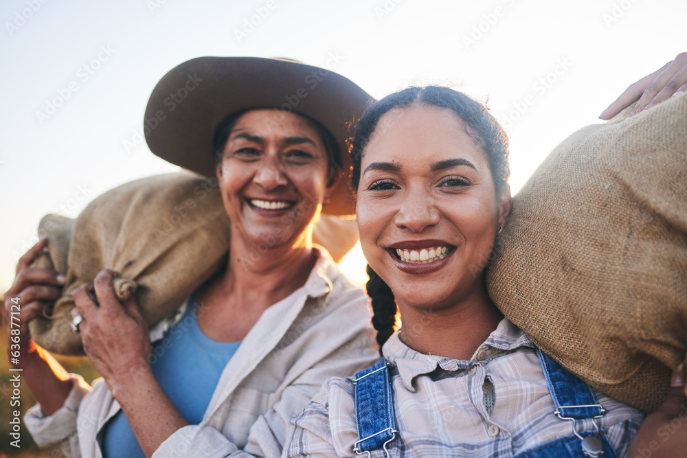 Farm harvest, women and happy portrait in countryside with a smile from working on a grass field wit