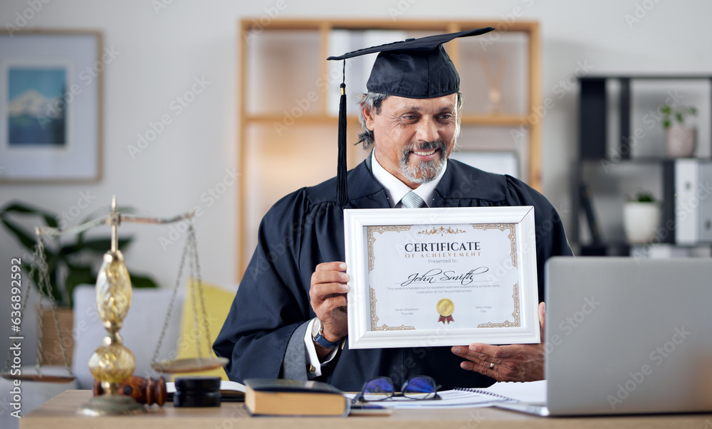 Laptop, video call and certificate with a man judge in his office, proud of an award as a law degree
