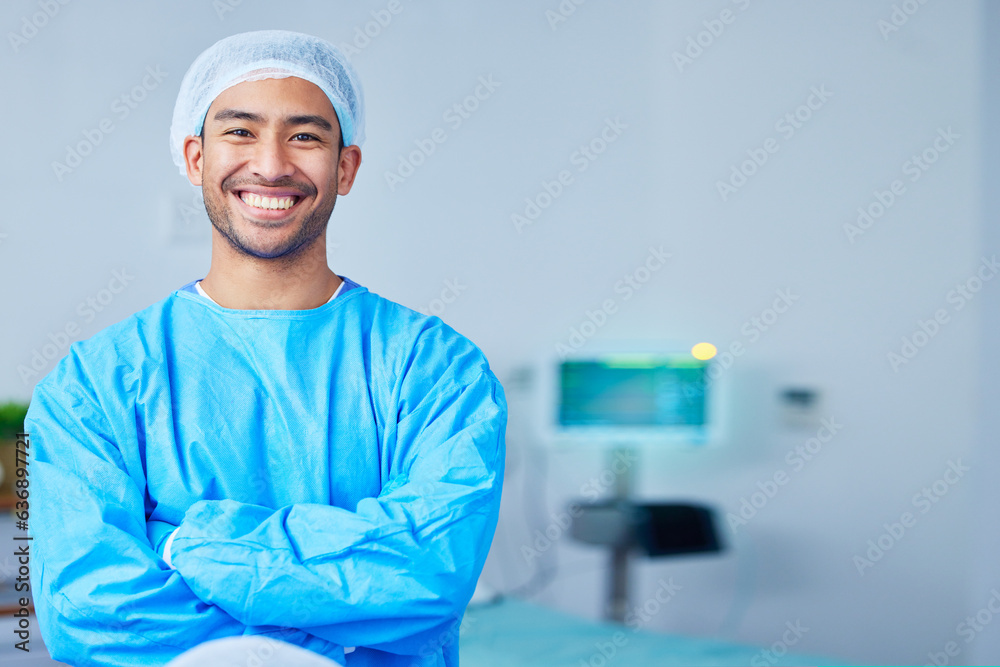 Portrait, surgeon and Asian man with arms crossed in hospital, healthcare and wellness. Face, happy 