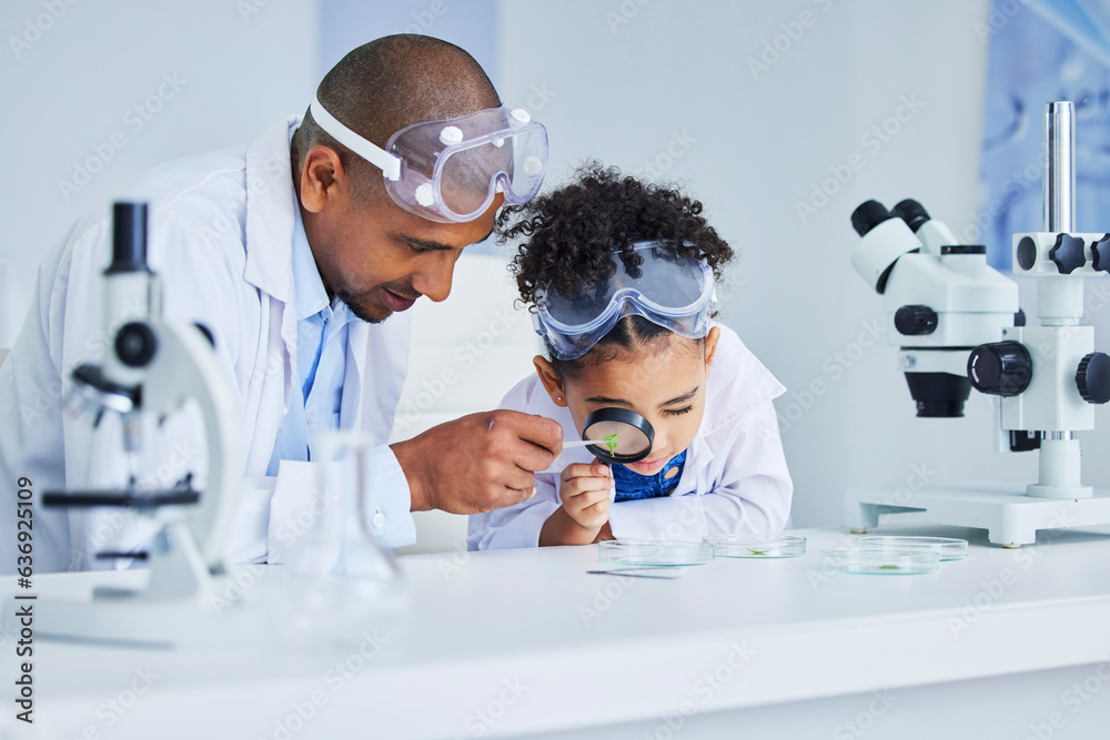 Lab work, father and child with magnifying glass for learning, research and science study. Scientist
