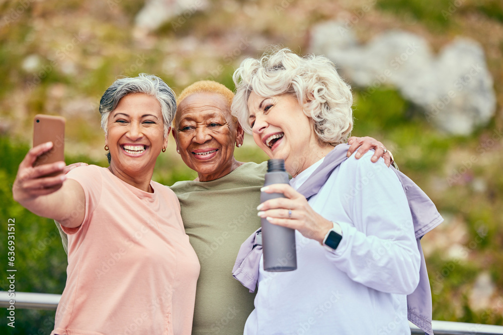 Senior women, fitness or selfie of people on social media together for outdoor exercise in retiremen