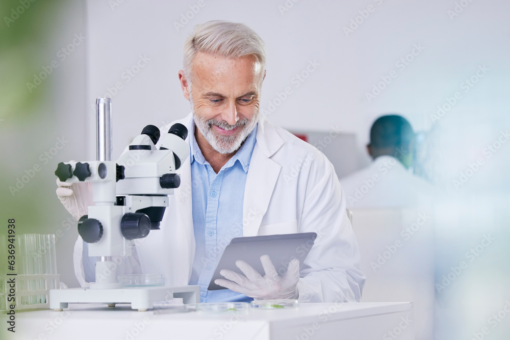 Science, laboratory and happy man with microscope, tablet and research with plants, biotech or susta