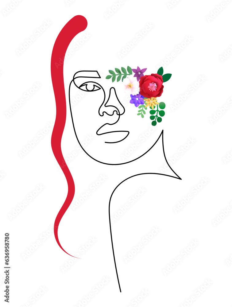 Flowers Lady with Red Hair in Minimal One Line Art Drawing