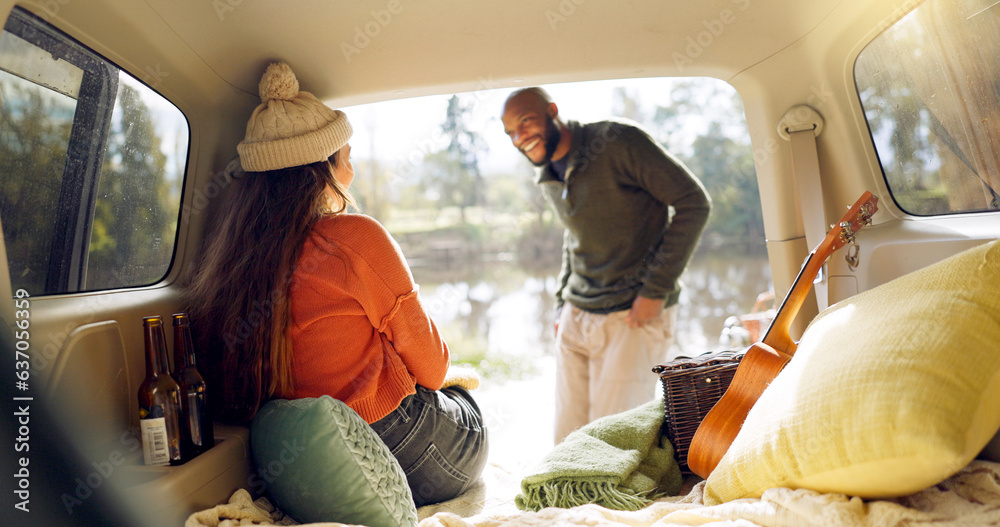 Winter and a couple in a car for a road trip, date or watching the view together. Happy, travel and 