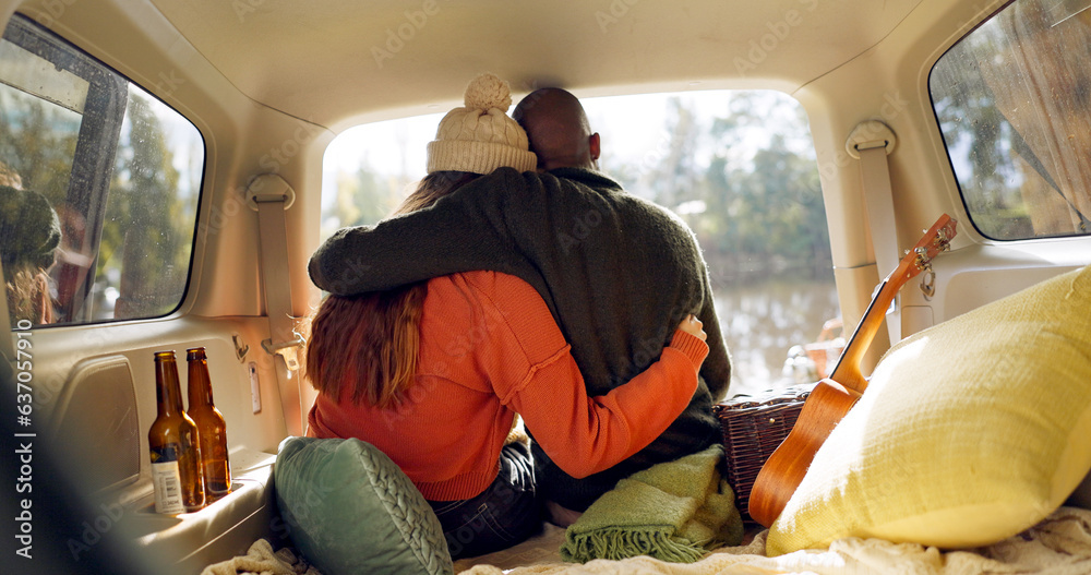 Hug, winter and a couple in a car for a road trip, date or watching the view together. Happy, travel