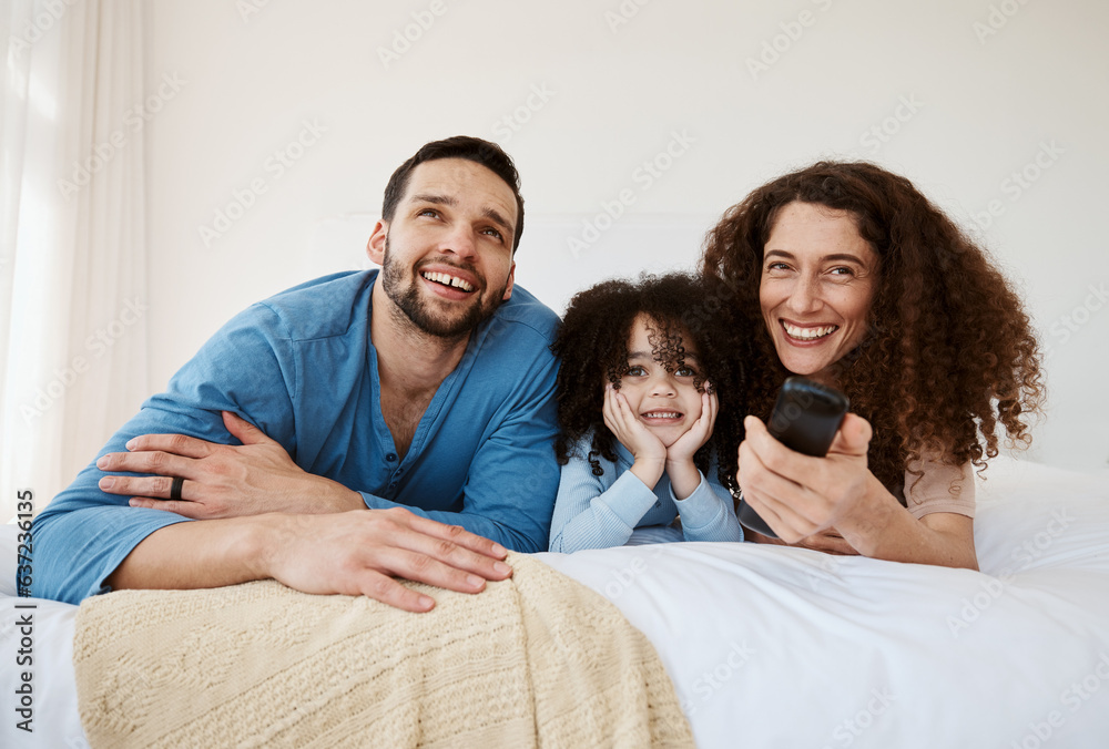Bedroom, happy family child and parents watching tv series, movie or streaming online video, cinema 