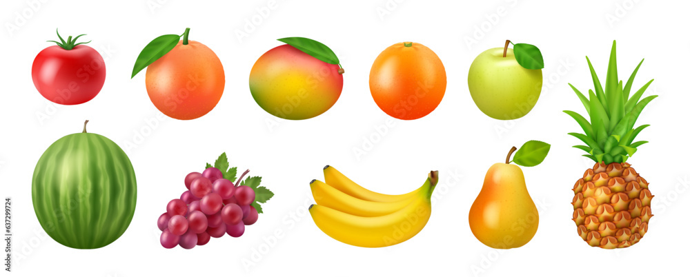 Ripe fruits realistic 3D vector illustration set, healthy eating. Tomato, grapefruit apple and mango