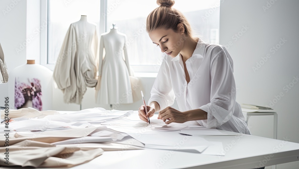 beautiful fashion designer drawing sketches while working at table in sewing studio