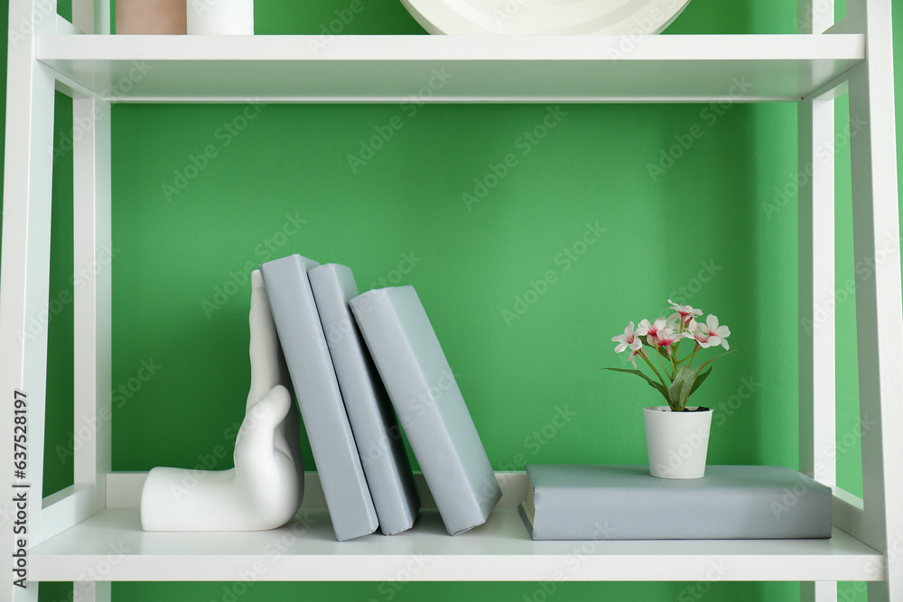 Stylish holder for books with flowers on shelf near green wall