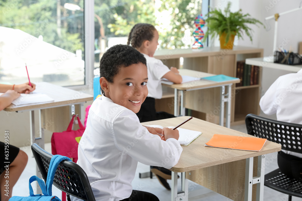 Little classmates sitting at desks during lesson in classroom