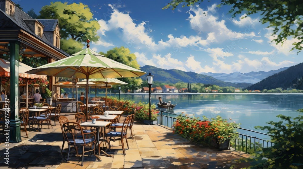 Tranquil waterside cafe: oil painting of serene lake, rolling hills, and colorful umbrella tables on