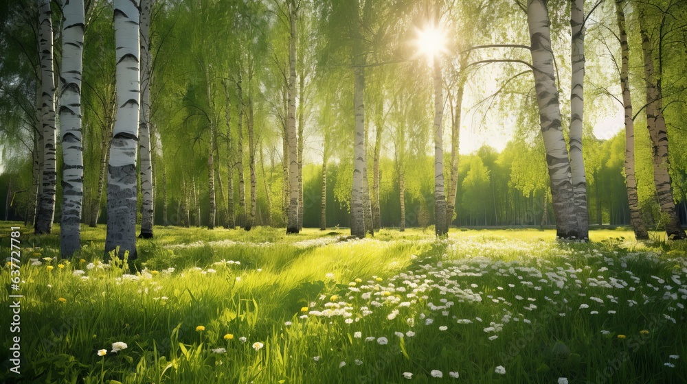 Bright Spring Birch Grove with Green Grass and Dandelions in Sunlit Forest - Natural Landscape Backg