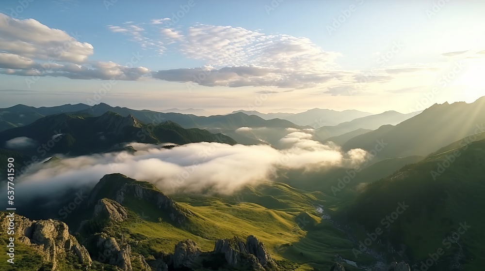 Golden sunset over majestic green mountain range and sea of mist from high altitude - morning in the