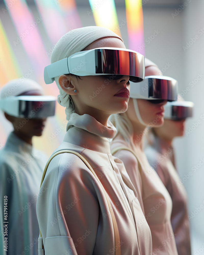 A group of fashion-forward women wearing the latest virtual reality goggles boldly step into a futur