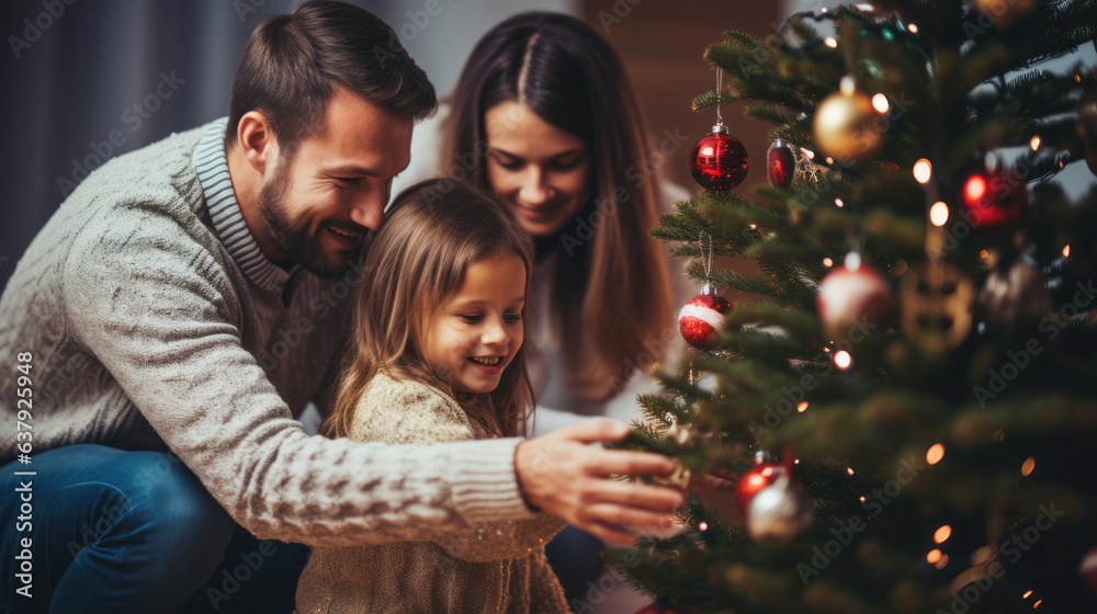 Happy parent helping their daughter decorate the house christmas tree , smiling young girl enjoying 
