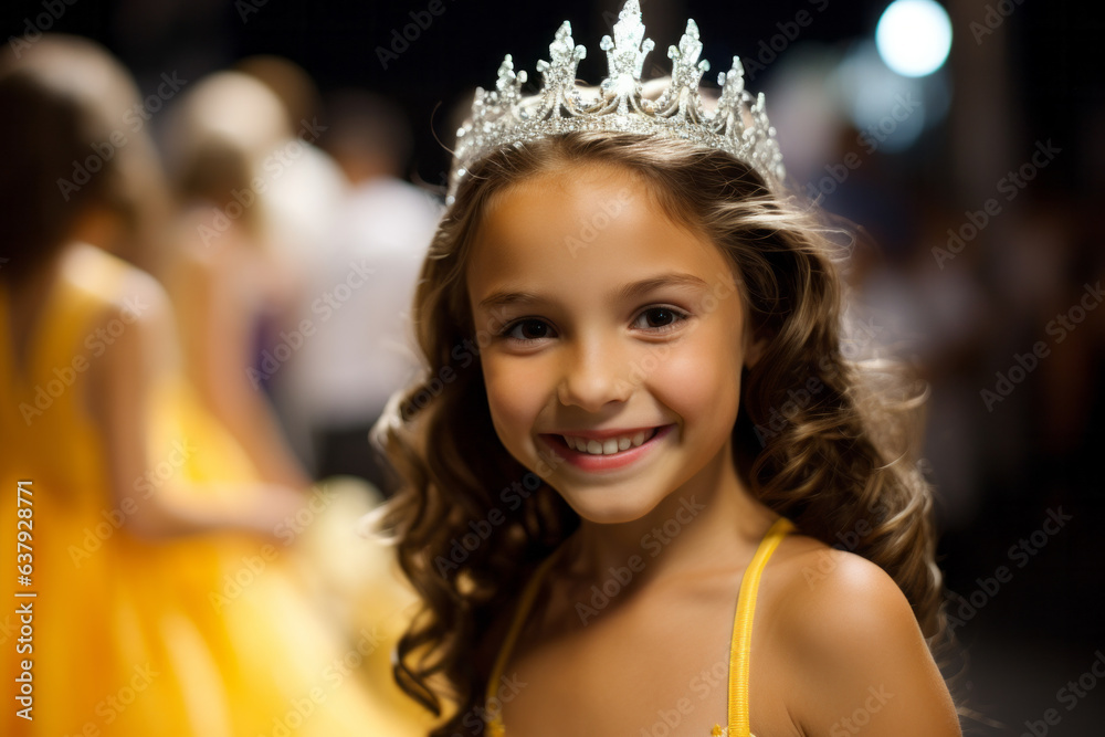 Young girl at beauty contest wearing beautiful dress and a diadem