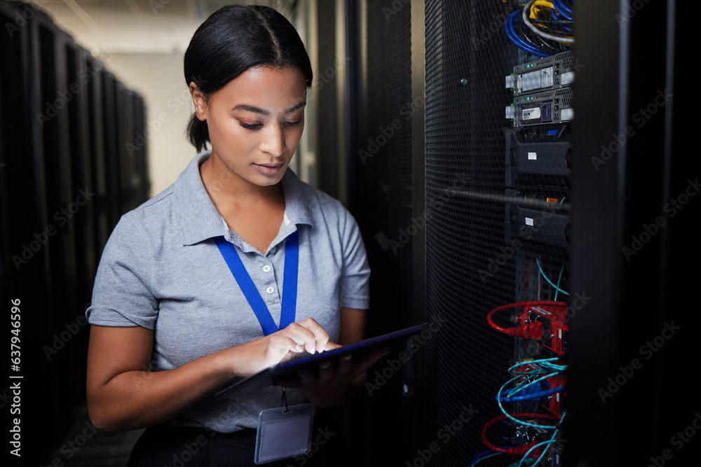 Woman, tablet and server room, programming or coding for cybersecurity, information technology or da