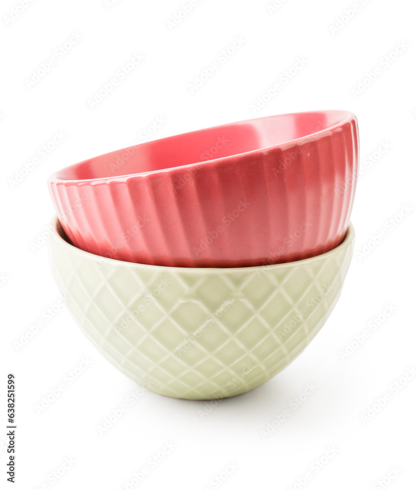 Color bowls on white background